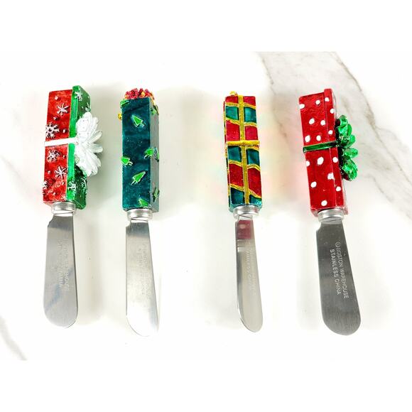 Boston Warehouse Cheese Butter Spreaders 90's Christmas 4 7/8 Stainless China x4 - Picture 9 of 13
